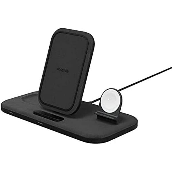 mophie 3-in-1 Wireless Charging Stand for Apple iPhone, AirPods/AirPods Pro & Watch, 15W Super-Fast Charging, Stylish Gloss Finish, Portrait or Landscape Smartphone Charging Mode, Black Fabric