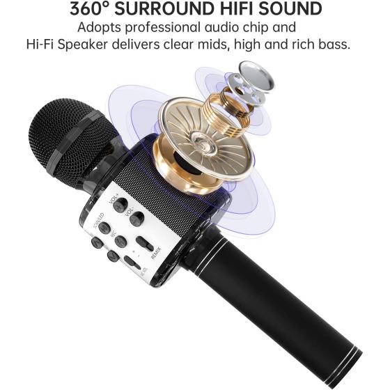 OVELLIC Karaoke Microphone for Kids, Wireless Bluetooth Karaoke Microphone with LED Lights, Portable Handheld Mic Speaker Machine, Great Gifts Toys for Girls Boys Adults All Age (Rose Gold)