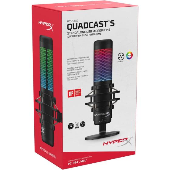 HyperX QuadCast S – RGB USB Condenser Microphone for PC, PS4, PS5 and Mac, Anti-Vibration Shock Mount, 4 Polar Patterns, Pop Filter, Gain Control, Gaming, Streaming, Podcasts, Twitch, YouTube, Discord