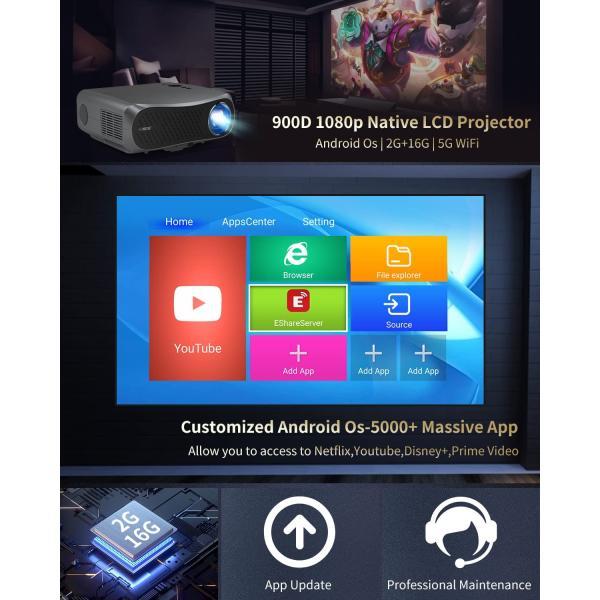 5G Wireless Outdoor Moive Projector 1080P Native Bluetooth AI Android 4K Support 10,000Lumen Ultra HD Smart TV Projector Home Cinema Theater for HDMI USB DVD PS5 Computer iPhone/iPad