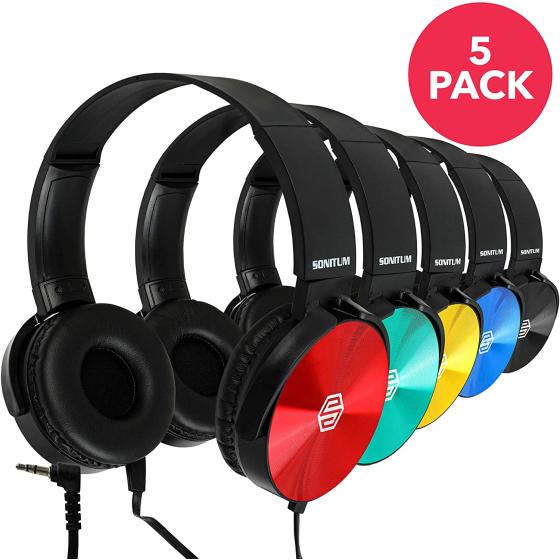 Kids Headphones Bulk 5 Pack, Student On Ear Color Varieties, Comfy Swivel Earphones for Classroom, Library, School, Airplane, for Online Learning and Travel, Noise Stereo Sound 3.5mm Jack (Colorful)