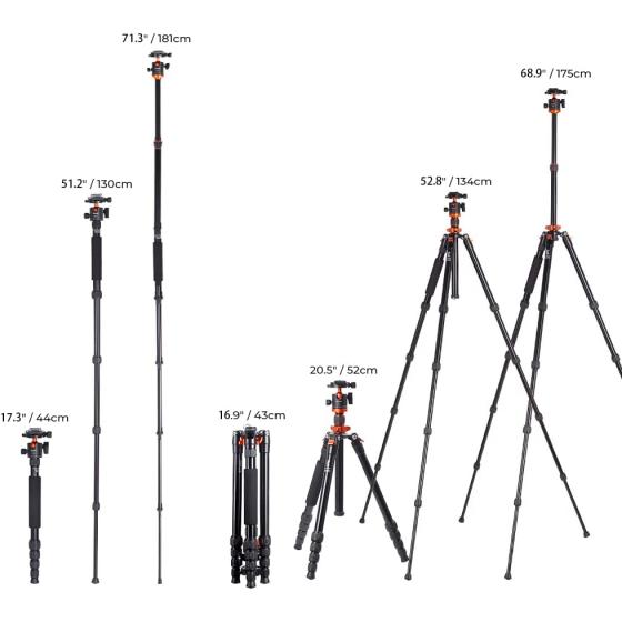 K&F Concept 68 inch /175cm Camera Tripods,Compact Travel Tripod with Monopod,10kg/22lbs Load Capacity 360° Panorama Ball Head Compatible with DSLR Cameras K255A4+BH-28L (TM2515M1)