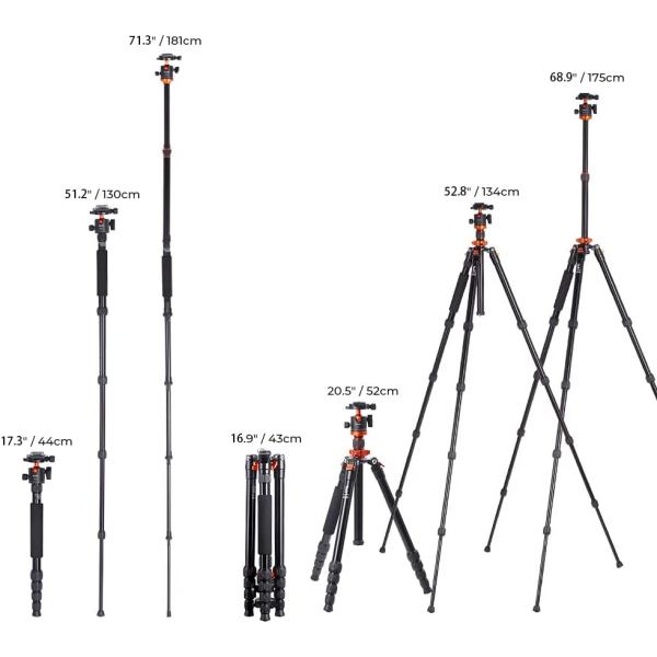 K&F Concept 68 inch /175cm Camera Tripods,Compact Travel Tripod with Monopod,10kg/22lbs Load Capacity 360° Panorama Ball Head Compatible with DSLR Cameras K255A4+BH-28L (TM2515M1)