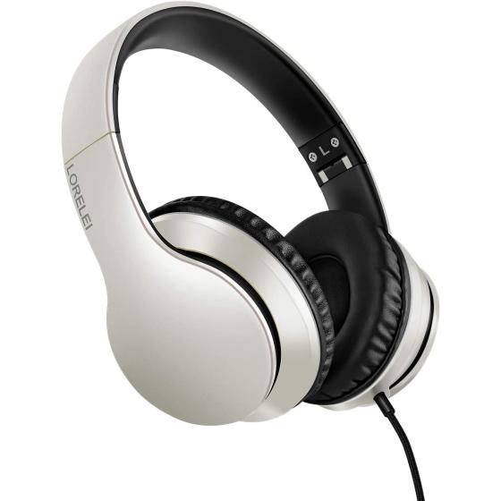 LORELEI X6 Over-Ear Headphones with Microphone, Lightweight Foldable & Portable Stereo Bass Headphones with 1.45M No-Tangle,Wired Headphones for Smartphone Tablet MP3 / 4 (Black-Red)