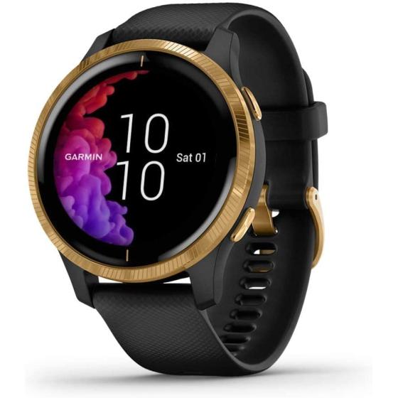 Garmin Venu， GPS Smartwatch with Bright Touchscreen Display， Features Music， Body Energy Monitoring， Animated Workouts， Pulse Ox Sensor and More， Gold with Black Band (Renewed)