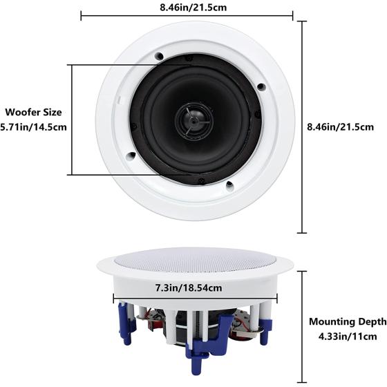 Herdio 5.25 Inch Bluetooth Ceiling Speakers Home Recessed Speaker System 300 Watts Perfect for Humid，Kitchen，Bedroom，Bathroom，Covered Patio (A Pair)