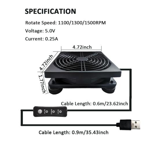 Upgraded 120mm 5V USB Powered PC Router Fan with Speed Controller High Airflow Cooling Fan for Router Modem Receiver DVR Playstation TV Box and Other Electronics