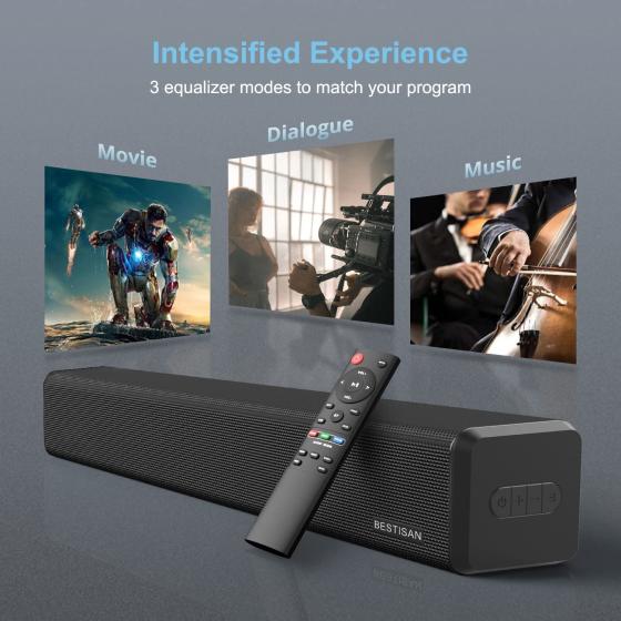 BESTISAN ， 100 Watt HDMI Sound Bars for TV with Built in Subwoofer Home Theater System (32 inch， Sub Out Port， Bluetooth 5.0， 3 Audio Modes， Bass Adjustable， Wall Mountable， 2022 Upgraded)