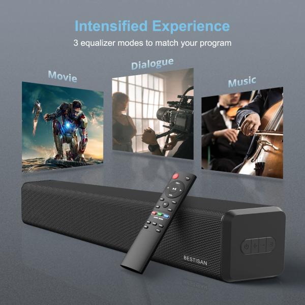 BESTISAN ， 100 Watt HDMI Sound Bars for TV with Built in Subwoofer Home Theater System (32 inch， Sub Out Port， Bluetooth 5.0， 3 Audio Modes， Bass Adjustable， Wall Mountable， 2022 Upgraded)