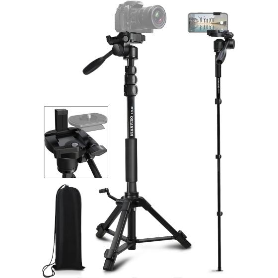 Camera Tripod 69 Inch， Patented 3-Way Swivel Portable Phone Tripod Professional Aluminum Alloy Travel Phone Camera Stand Monopod for Canon Nikon GoPro DSLR， DV Video Camcorder， Smartphone