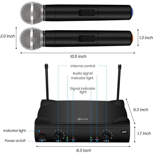 UHF Wireless Microphone System， EIVOTOR Dual Channel Handheld Wireless Microphone with Professional Karaoke Receiver and 2 Handheld Dynamic Mics Set， for Home Party， KTV， Meeting， Wedding， Church