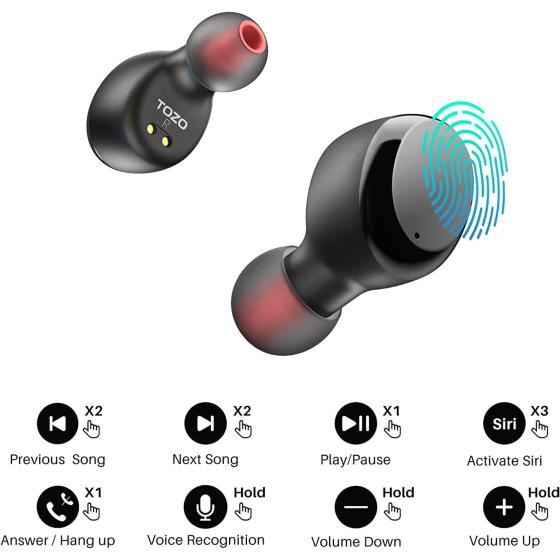 TOZO T6 True Wireless Earbuds Bluetooth 5.3 Headphones Touch Control with Wireless Charging Case IPX8 Waterproof Stereo Earphones in-Ear Built-in Mic Headset Premium Deep Bass Black (2022 Upgraded)