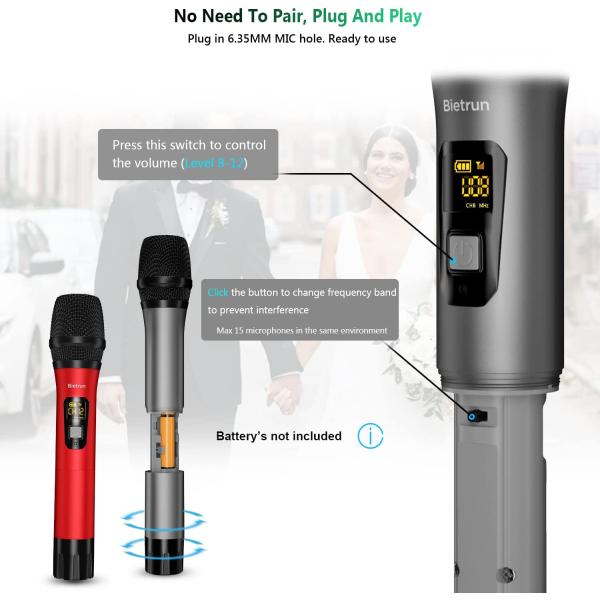 Wireless Microphone， Bietrun UHF Metal Dual Handheld Cordless Dynamic Mic System with Rechargeable Receiver， 1/4‘’Output， for Karaoke， Church， Speech， Wedding， Party Singing(160 ft Range)-Auto Connect