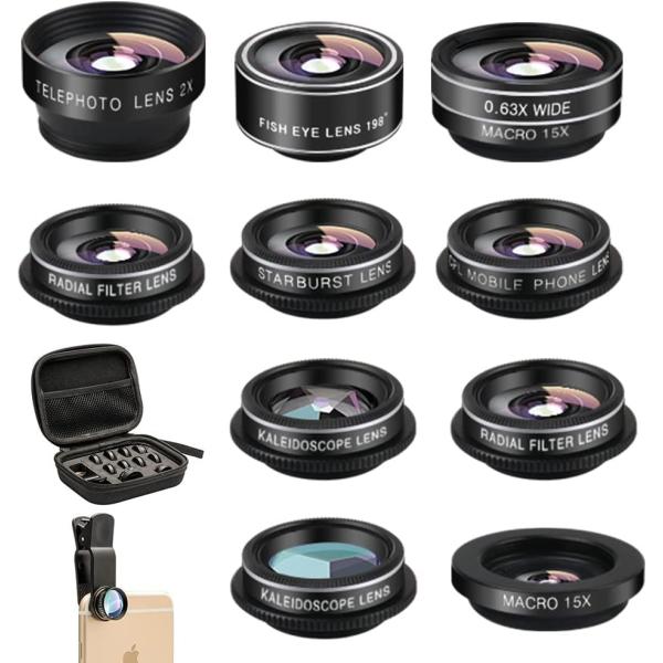 Mocalaca Phone Camera Lens (11 Lenses) Phone Lens Kit， Clip on Fisheye/Macro/Wide Angle Lens Attachment with Travel Case for iPhone 14 13 12 11 Xs X Pro Max Samsung Android Smartphone