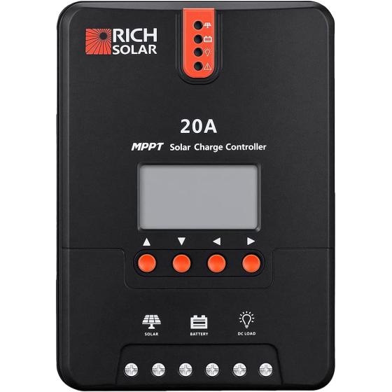 RICH SOLAR 20 Amp 12V/24V DC Input MPPT Solar Charge Controller with LCD Display Solar Panel Regulator for Gel Sealed Flooded and Lithium Battery Negative Ground