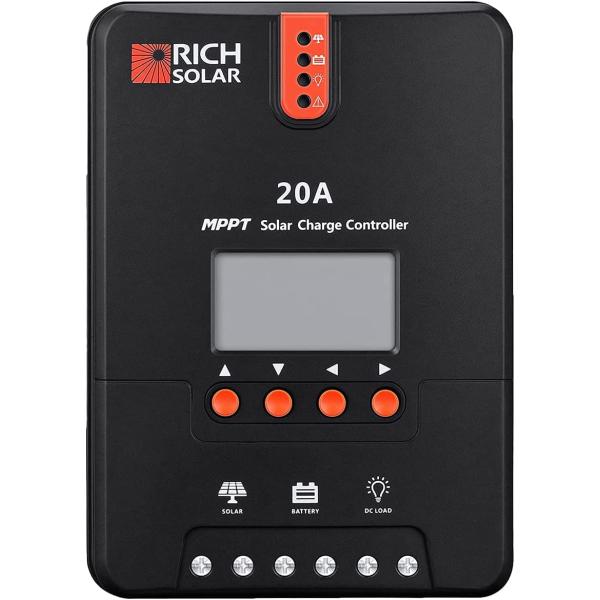 RICH SOLAR 20 Amp 12V/24V DC Input MPPT Solar Charge Controller with LCD Display Solar Panel Regulator for Gel Sealed Flooded and Lithium Battery Negative Ground