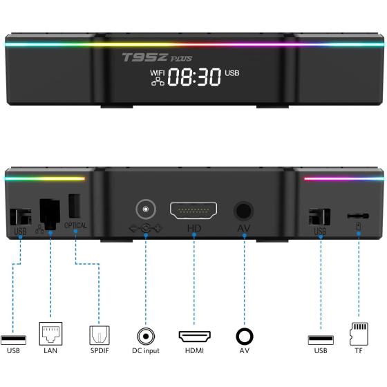 Android TV Box 12.0， T95Z Plus H618 Quad-Core Cortex-A53 CPU 2GB RAM 16GB ROM， 2.4GHz/5GHz Dual Band WiFi6 6K Ultra HD Resolution Bluetooth 5.0 with Backlit Mini Wireless Keyboard