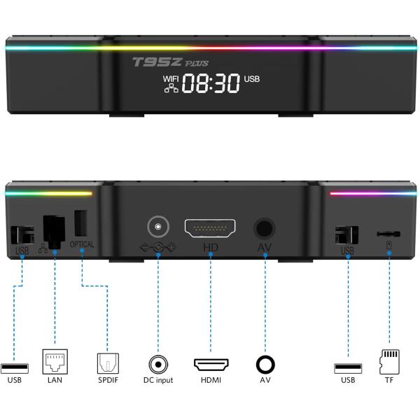 Android TV Box 12.0， T95Z Plus H618 Quad-Core Cortex-A53 CPU 2GB RAM 16GB ROM， 2.4GHz/5GHz Dual Band WiFi6 6K Ultra HD Resolution Bluetooth 5.0 with Backlit Mini Wireless Keyboard