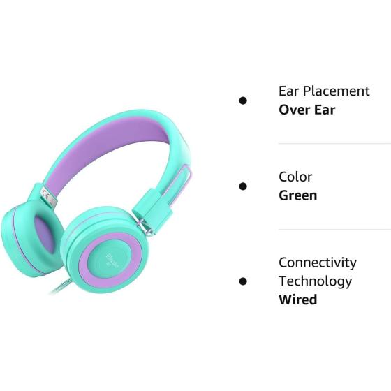 ELECDER i37 Kids Headphones Children Girls Boys Teens Foldable Adjustable On Ear Headphones 3.5mm Jack Compatible Cellphones Computer MP3/4 Kindle School Tablet Green/Purple