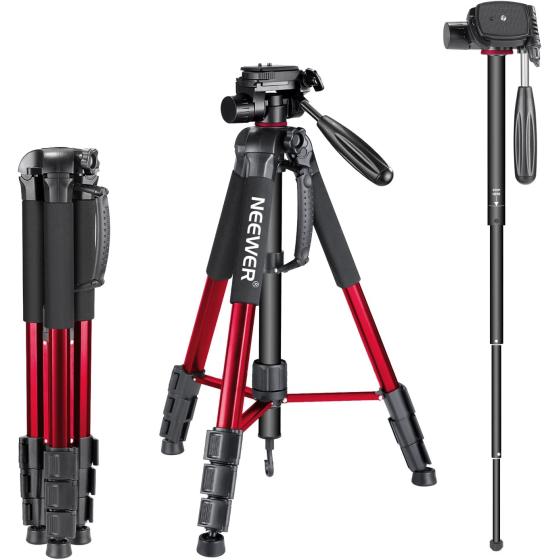 Neewer Portable 70 inches/177 centimeters Aluminum Alloy Camera Tripod Monopod with 3-Way Swivel Pan Head，Bag for DSLR Camera，DV Video Camcorder，Load up to 8.8 pounds/4 kilograms Red(SAB264)