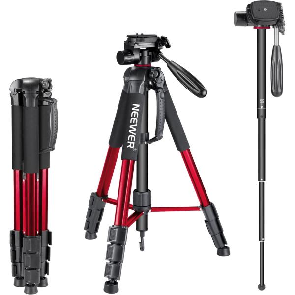 Neewer Portable 70 inches/177 centimeters Aluminum Alloy Camera Tripod Monopod with 3-Way Swivel Pan Head，Bag for DSLR Camera，DV Video Camcorder，Load up to 8.8 pounds/4 kilograms Red(SAB264)