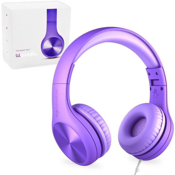 LilGadgets Connect+ Pro Wired Kids Headphones - Designed with Kids' Comfort in Mind， Child-Friendly Foldable Over-Ear Headset with in-line Microphone， Perfect for Toddlers in School， Purple