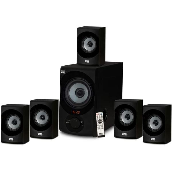 Acoustic Audio AA5172 700W Bluetooth Home Theater 5.1 Speaker System with FM Tuner， USB， SD Card， Remote Control， Powered Sub (6 Speakers， 5.1 Channels， Black with Gray)