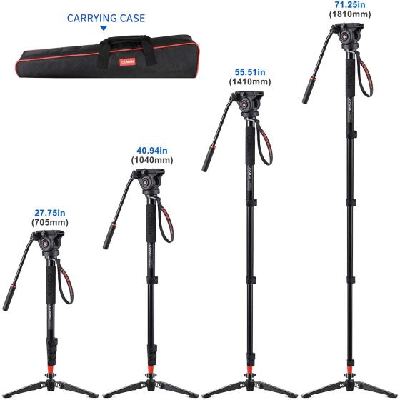 Monopod， COMAN KX3232 73.2 inch Professional Monopod Tripod Lightweight Aluminum Telescopic Camera Monopod with feet and Pan Tilt Fluid Head for DSLR Video Cameras