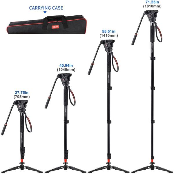 Monopod， COMAN KX3232 73.2 inch Professional Monopod Tripod Lightweight Aluminum Telescopic Camera Monopod with feet and Pan Tilt Fluid Head for DSLR Video Cameras