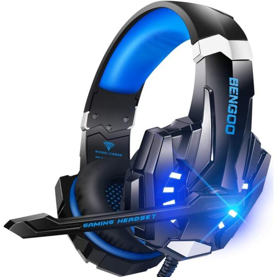 BENGOO G9000 Stereo Gaming Headset for PS4 PC Xbox One PS5 Controller， Noise Cancelling Over Ear Headphones with Mic， LED Light， Bass Surround， Soft Memory Earmuffs for Laptop Mac Nintendo NES Games