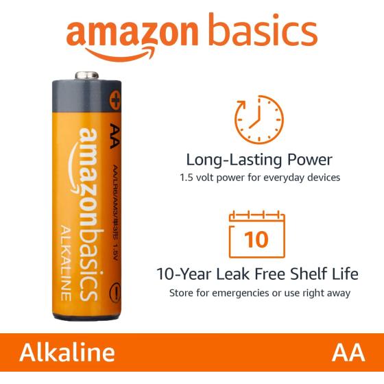 Amazon Basics 48 Pack AA High-Performance Alkaline Batteries， 10-Year Shelf Life， Easy to Open Value Pack