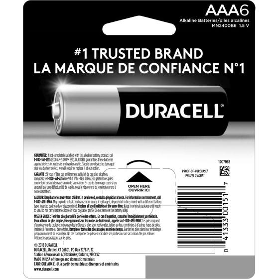 Duracell Coppertop AAA Batteries with Power Boost Ingredients， 6 Count Pack Triple A Battery with Long-lasting Power， Alkaline AAA Battery for Household and Office Devices
