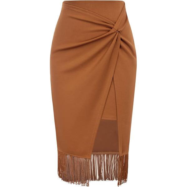 Kate Kasin Wear to Work Pencil Skirts for Women Boho Fringe Hem High Waisted Wrap Front Asymmetrical Bodycon Skirts