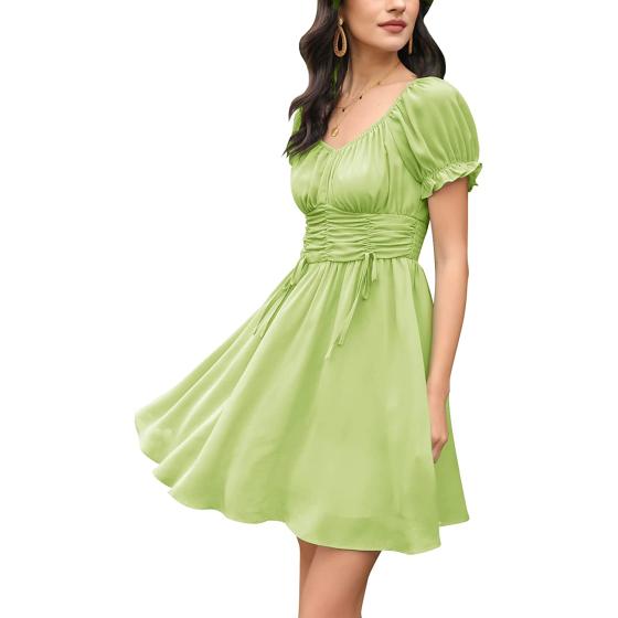 EXLURA Womens Summer Dress Short Smocked Ruffle Sundress Off Shoulder Ruched Flowy Smocked Swing Mini Dresses