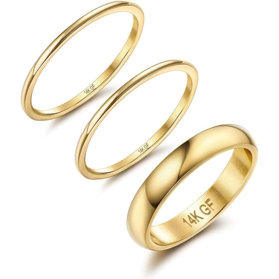 Jstyle 14K Gold Filled Rings for Women Stacking Rings Stackable Thin Gold Rings Simple Plain Pinky Thumb Statement Band Ring Comfort Fit 3Pcs 1mm 3mm