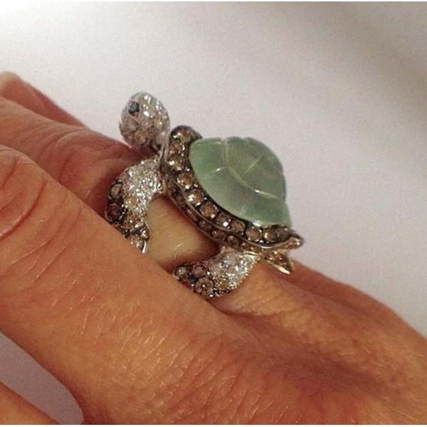Awmnjtmgpw 925 Sterling Silver Ice Emerald Lovely Little Turtle Innovative Design Beach Wave Vacation Wave Ring Women's Precious Jewelry Size 5-11
