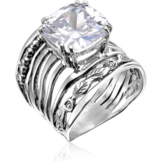925 Sterling Silver Ring With a 12mm White Cushion Cubic Zirconia CTTW 13.2. Prong Hypoallergenic， Nickel and Lead-free， Facet Cut， Artisan Handcrafted Designer Collection， Made in Israel
