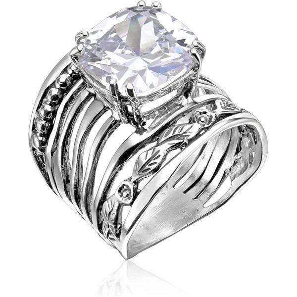 925 Sterling Silver Ring With a 12mm White Cushion Cubic Zirconia CTTW 13.2. Prong Hypoallergenic， Nickel and Lead-free， Facet Cut， Artisan Handcrafted Designer Collection， Made in Israel