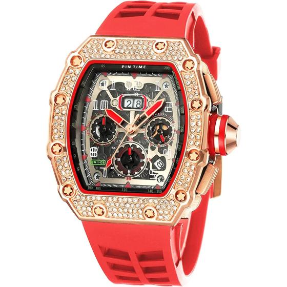 Gosasa Mens Diamond Watches Luxury Tonneau Watches for Men Analog Watch Chronograph Calendar Date Men’s Dress Business Work Watch Large Rectangle Face Wristwatch with Silicon Strap