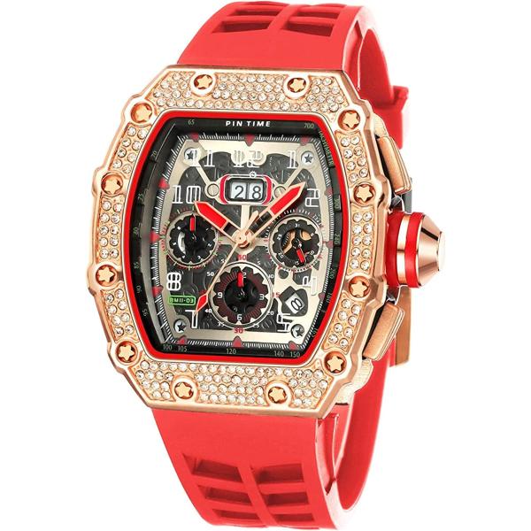 Gosasa Mens Diamond Watches Luxury Tonneau Watches for Men Analog Watch Chronograph Calendar Date Men’s Dress Business Work Watch Large Rectangle Face Wristwatch with Silicon Strap