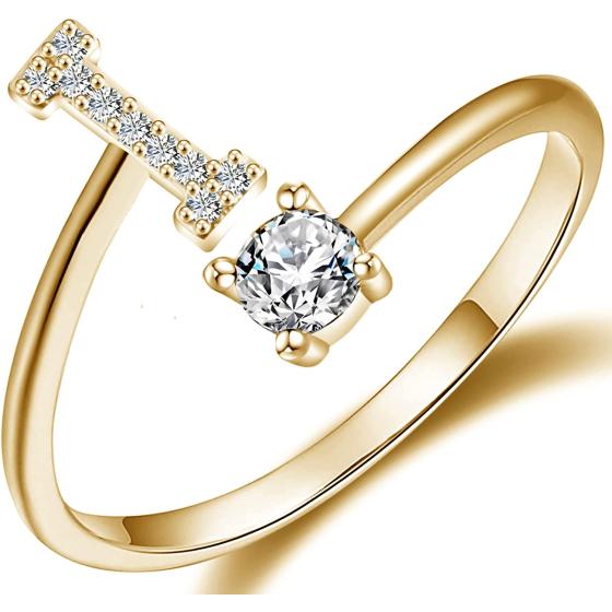 Haoze Initial Letter Ring for Women Girls Gold Stackable Alphabet Rings with Initial Adjustable Crystal Inlaid Initial Rings Bridesmaid Gift
