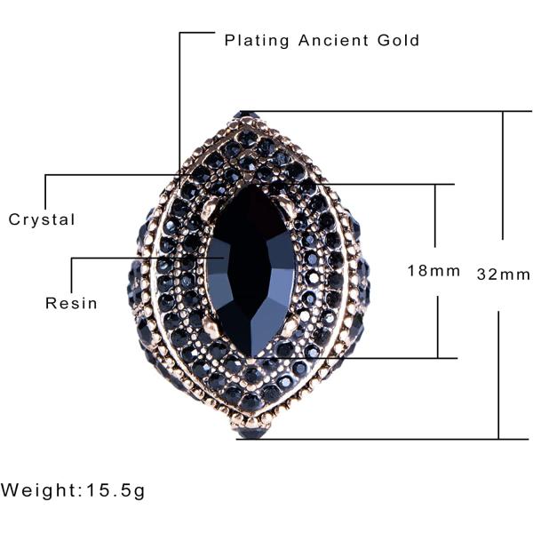 CKHAO Women Ring - 32mm Big Size Antique Gold Plated Turkish Style Black Gemstone Vintage Ring Women Jewelry J0769BLK