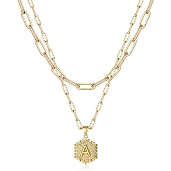 Dainty Layered Initial Necklaces for Women， 14K Gold Plated Paperclip Chain Necklace Simple Cute Hexagon Letter Pendant Initial Choker Necklace Gold Layered Necklaces for Women