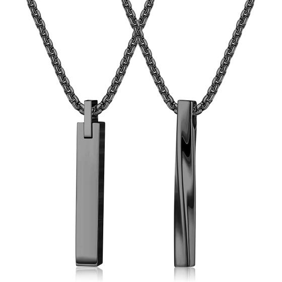 LOLIAS 2pcs Stainless Steel Stick Bar Pendant Necklace for Men Women Cool Unisex Twisted Cube Bar Pendant Vertical Cuboid Stick Pendant Chain Necklace Set