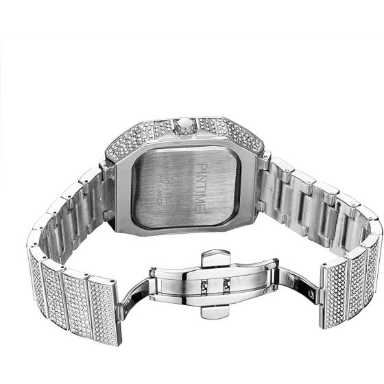PINTIME Mens Full Iced Out 43mm Big Face Bling Luxury Crystal Square Watches Fashion Hip Hop Jewelry Watch for Men