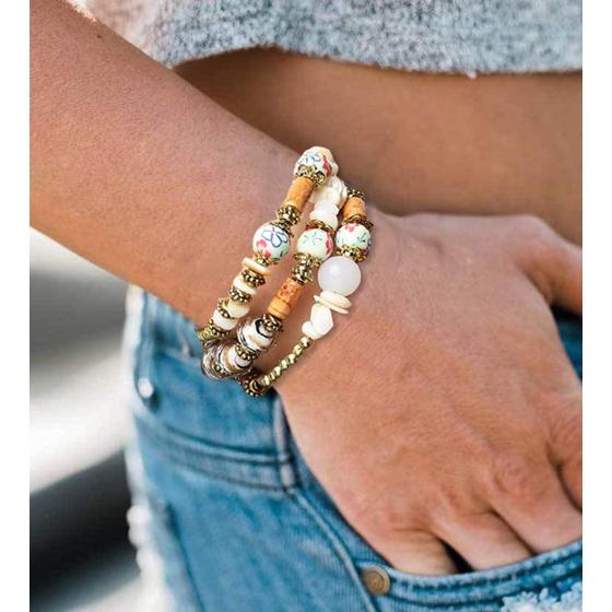 FIBO STEEL 6 Sets Bohemian Stackable Bead Bracelets for Women Stretch Multilayered Bracelet Set Multicolor Jewelry