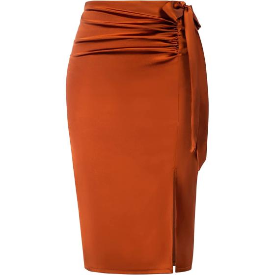 Kate Kasin Women's Satin Silk Bodycon Split Skirt High Waist Bow Tie Knee Length Pencil Midi Skirts Wear to Work