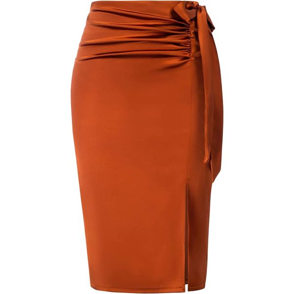 Kate Kasin Women's Satin Silk Bodycon Split Skirt High Waist Bow Tie Knee Length Pencil Midi Skirts Wear to Work
