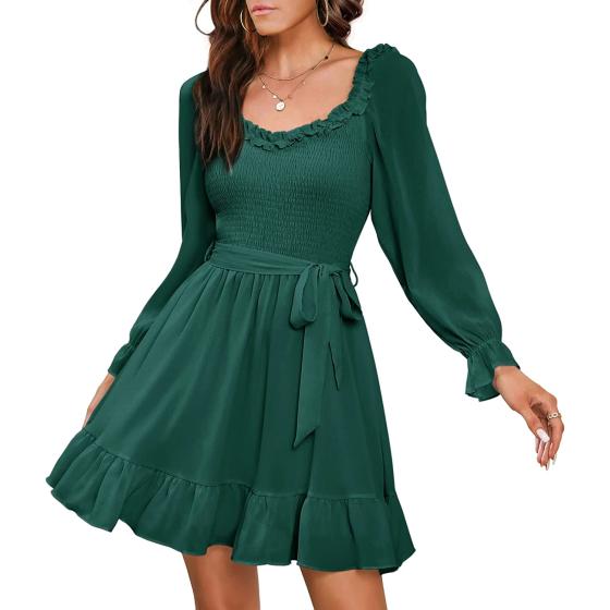 EXLURA Womens Summer Casual Long Puff Sleeve V-Neck Mini Dress Smocked Ruffle Sweetheart Neckline A-line Flowy Dresses