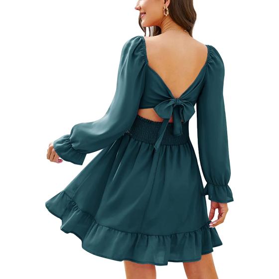 AISWI Women's Tie Back Flowy Dress Long Lantern Sleeve Square Neck Ruffle Elastic Waist Aline Casual Mini Dress